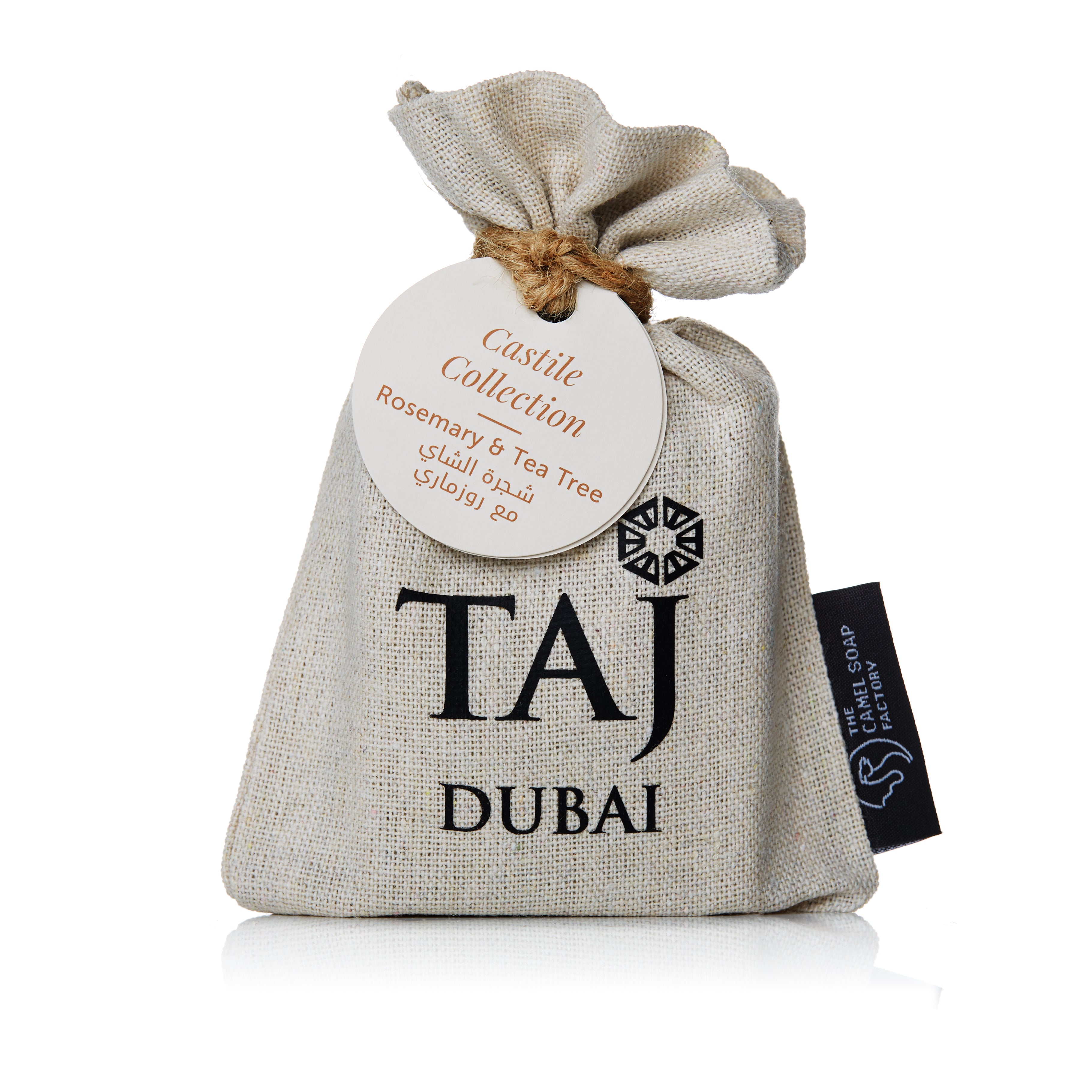 The Camel Soap Factory Taj Dubai While Label Handmade Soap Bar in Jute Bag