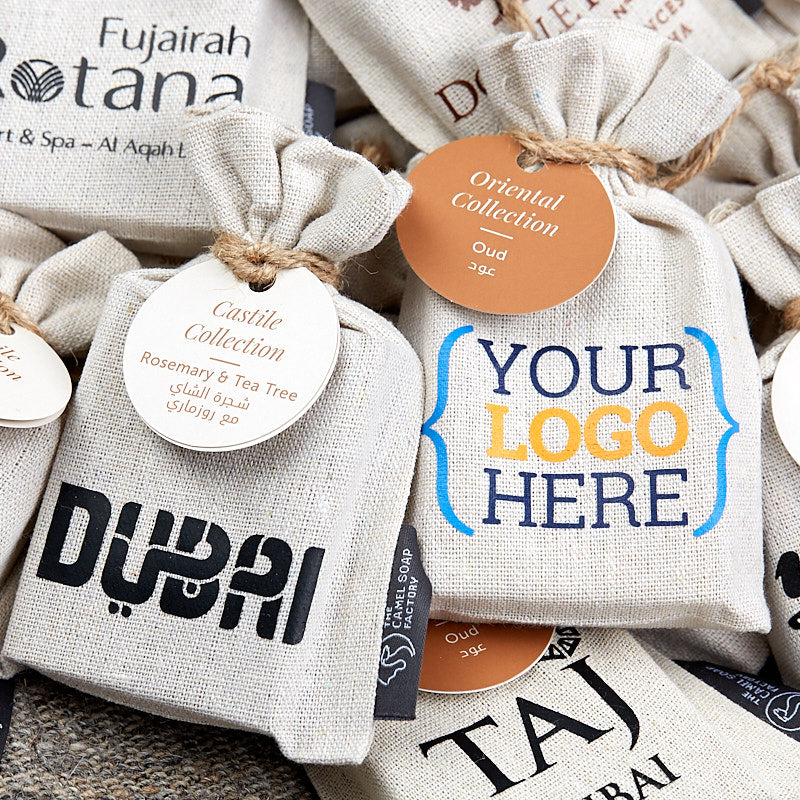 The Camel Soap Factory custom logos on soaps and jute packaging bags