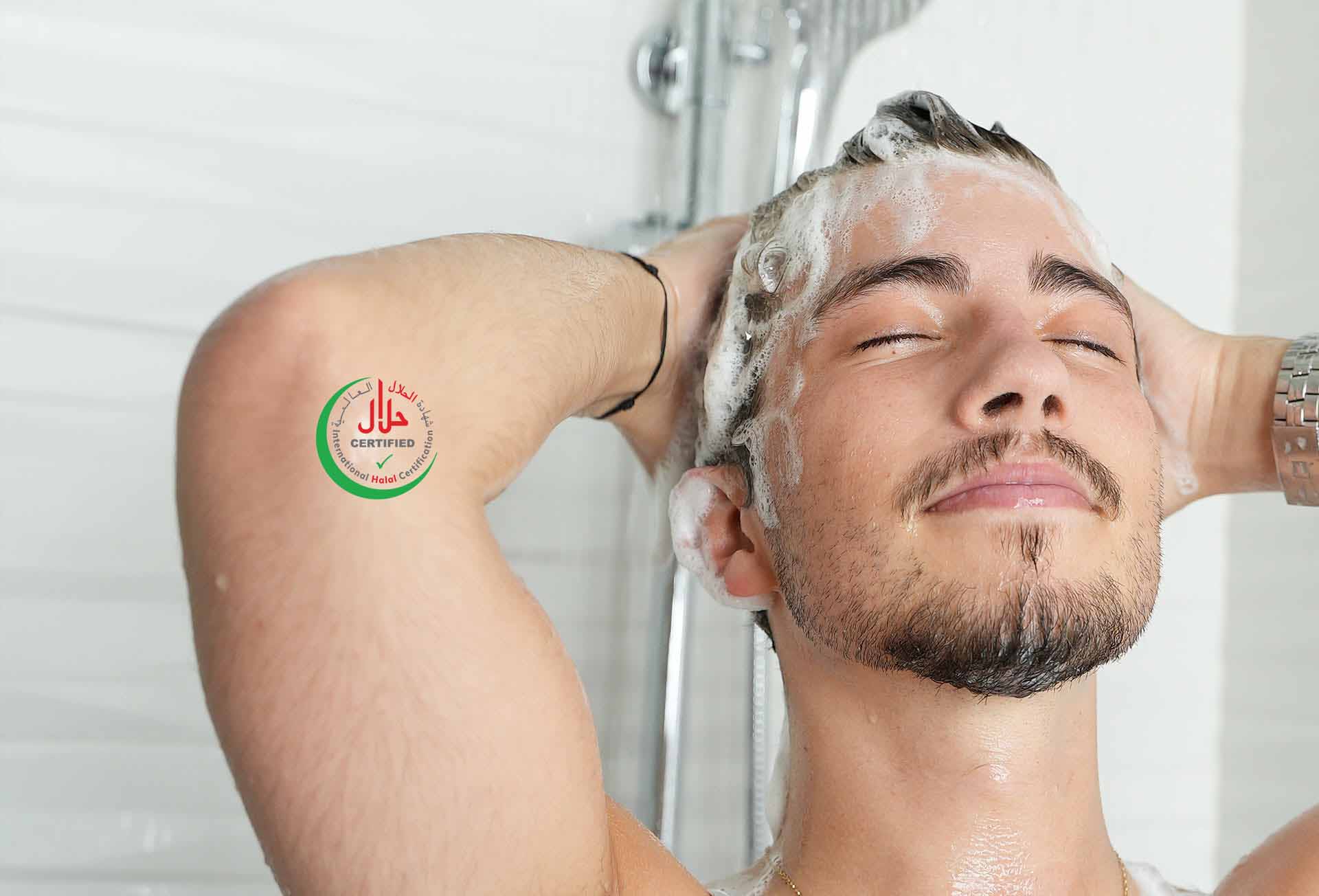 Man-Lathering-Hair-in-Shower-Halal-Personal-Care