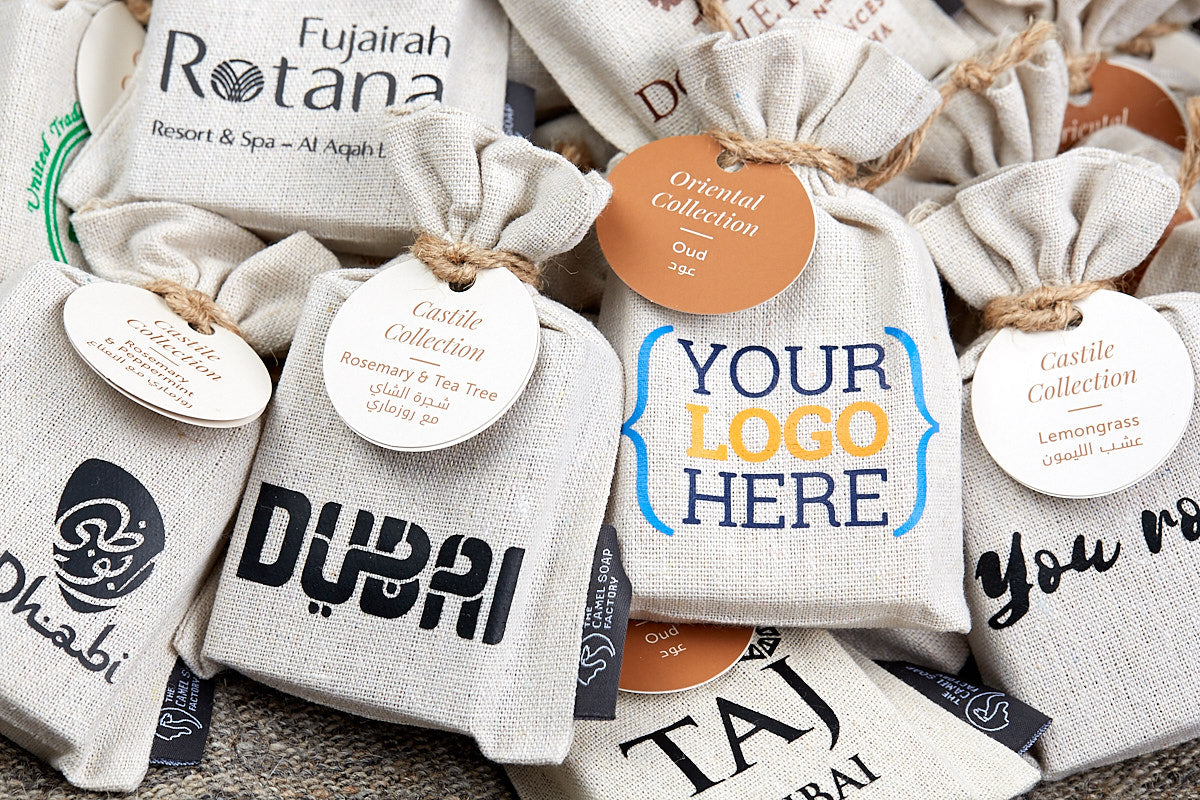 The Camel Soap Factory custom logos on soaps and jute packaging bags