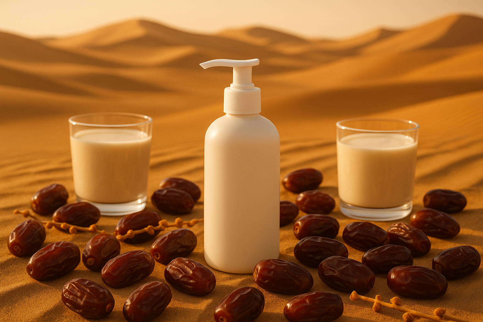 Camel milk and dates surround a white plastic pump bottle in the desert