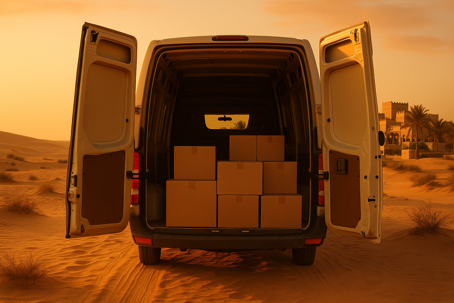 Van with open back doors looking out to a hotel in the desert